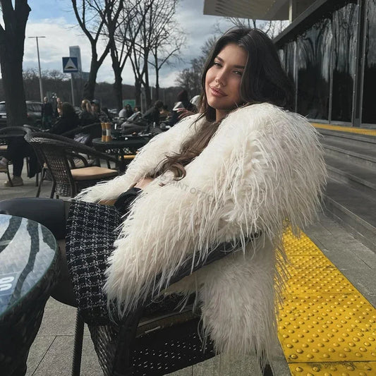 Winter Tassels Faux Fur Coat for Women Stylish Chic Fluffy Fur Jacket Furry Fox Fur Overcoat Girl Shaggy Outerwear