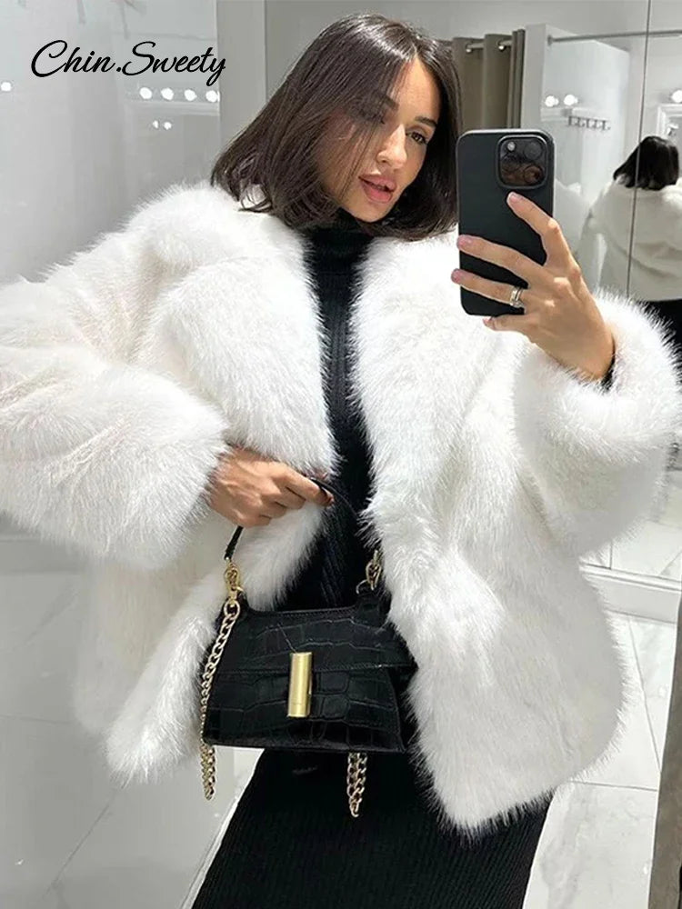 Fluffy Faux Fur Coat Women Elegant Loose Lapel Plush Long Sleeve Buckle Thick Jacket  Autumn Winter Solid Warm Overcoat New