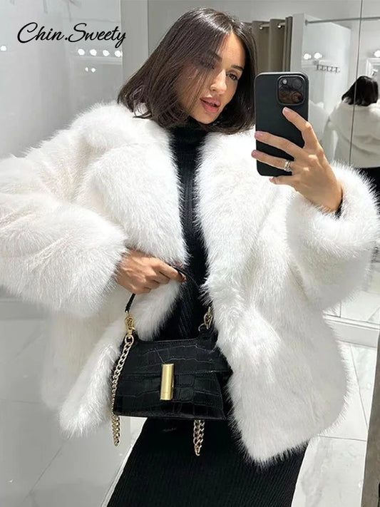 Fluffy Faux Fur Coat Women Elegant Loose Lapel Plush Long Sleeve Buckle Thick Jacket  Autumn Winter Solid Warm Overcoat New