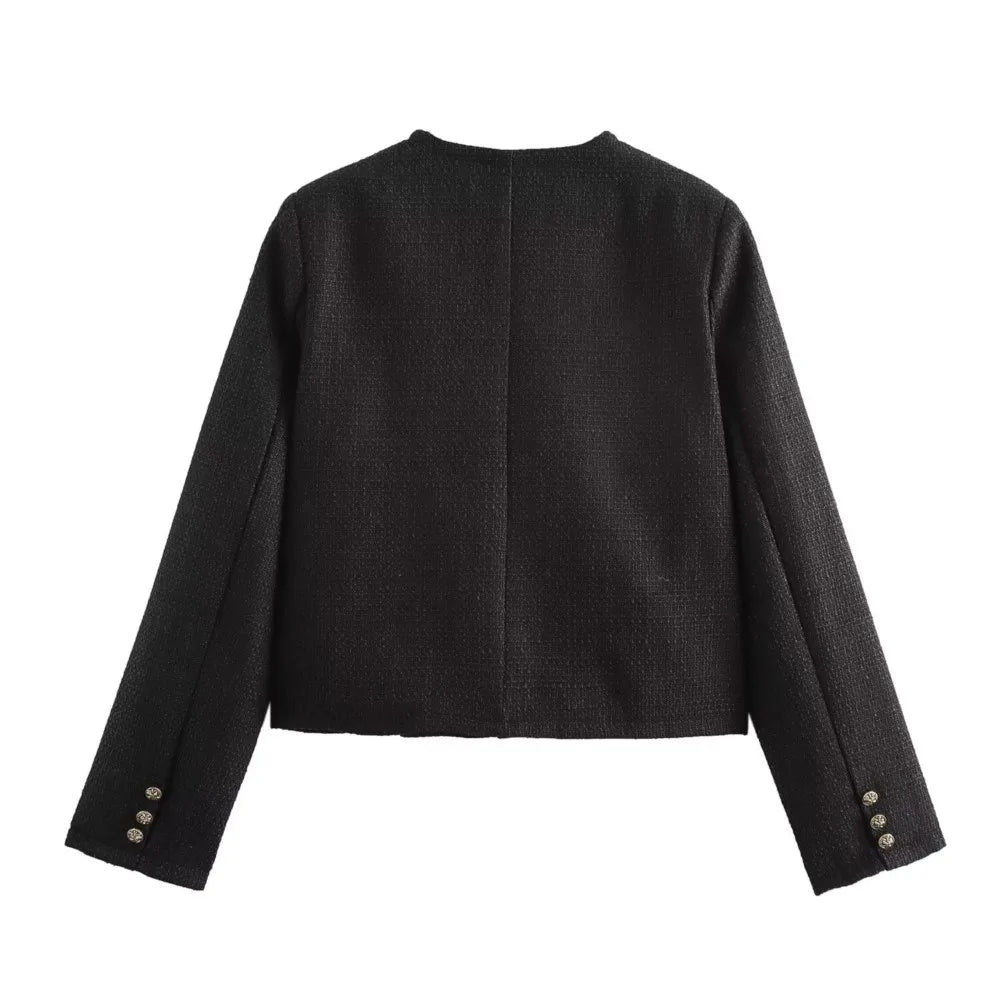 Autumn O neck Soft Woolen Black Tweed Coat Cropped Vintage Women Front Pocket Single-Breated Buttons Short Blazer Elegant Jacket