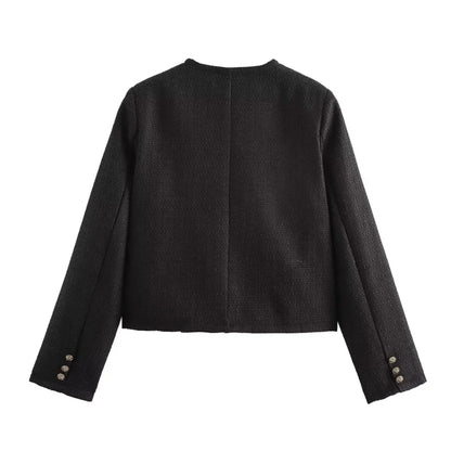 Autumn O neck Soft Woolen Black Tweed Coat Cropped Vintage Women Front Pocket Single-Breated Buttons Short Blazer Elegant Jacket
