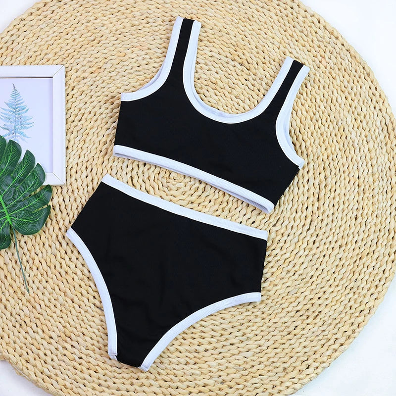 Sexy Bikinis Set For Women Contrast Color High Waist Split Matching Bikninis Set Autumn New Female Beach Holiday Outfits