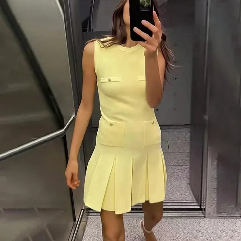 Fashion Folds Knitted Mini Dress For Women Elegant Sleeveless With Pocket Vest Dress High Waisted Clubs Party Summer
