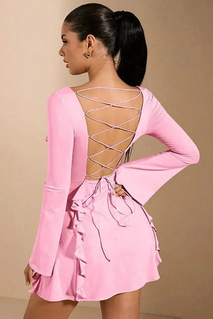 Lace Up Slim Patchwork A-Line Long Sleeve Mini Dress