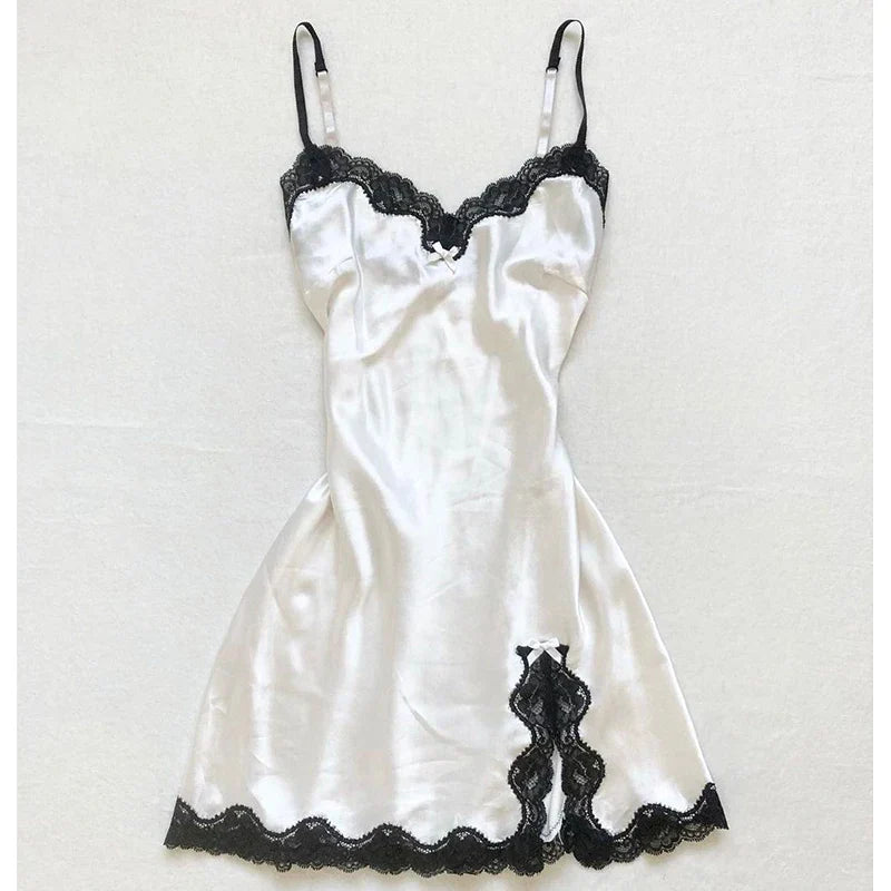 dress lace Harajuku solid color Y2K slit short skirt cute emo girls comfortable satin aesthetic sling dress