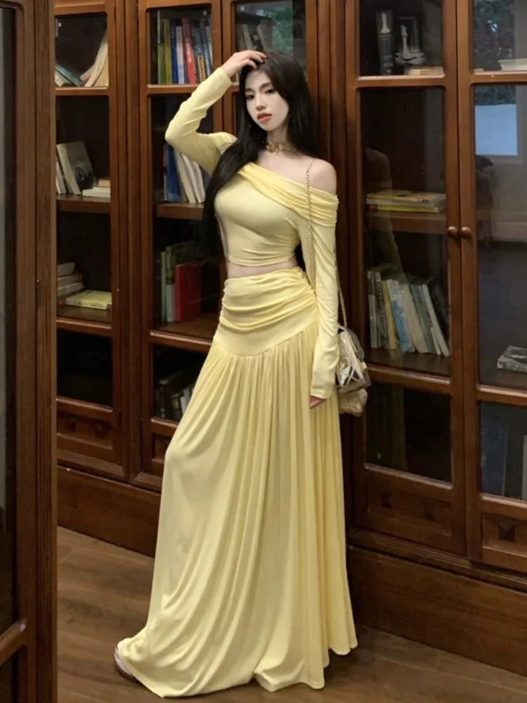 Autumn Women’s Solid Two-piece Skirt Set Slash Neck Cropped Top High Waist Long Skirt Korean Fashion Ladies Outfits Streetwear