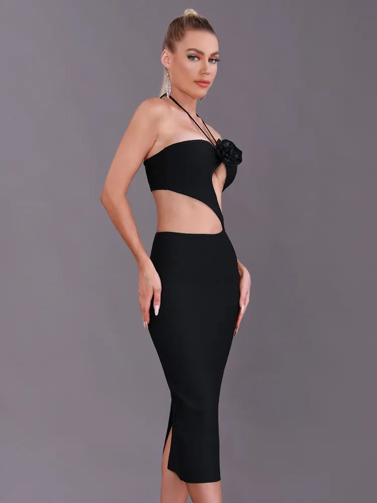 Eudora Bandage Halter Dress with Cut Out Flower Detail