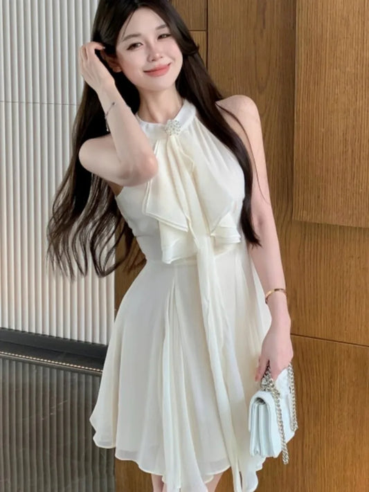 Elegant Halter Ruffles Short Dresses for Women Diamond Sleeveless A-line Sexy Evening Party Dress Prom Korean Chic Vestido Mujer