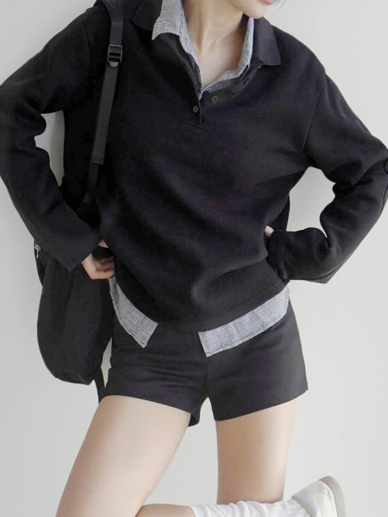 Patchwork Plaid Lapel Collar Fake Two Piece Sweats Preppy Style Simple Fashion s Trendy Pullovers Basic