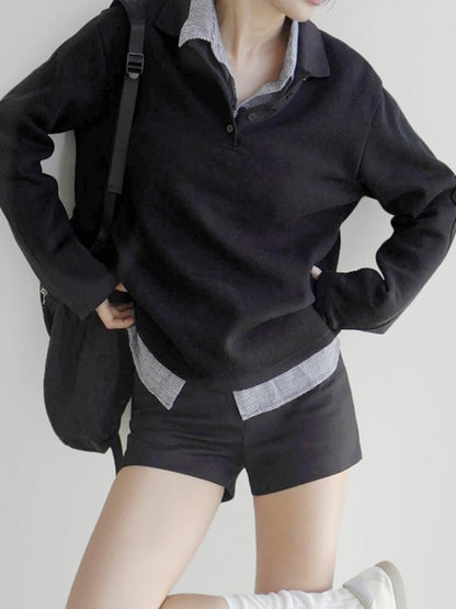 Patchwork Plaid Lapel Collar Fake Two Piece Sweats Preppy Style Simple Fashion s Trendy Pullovers Basic