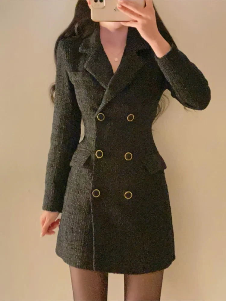 Autumn Winter Elegant Tweed Blazer Dress Double Breasted Slim Short Dresses for Women Korean Fashion Office Lady Coat Dress New