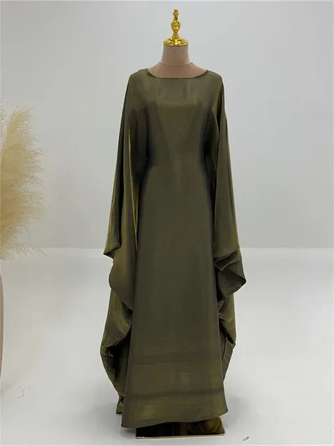Autumn Loose Shiny Maxi Dress Women’s Butterfly Batwing Long Sleeve Muslim Clothes Party Dress Solid Female Long Dress New