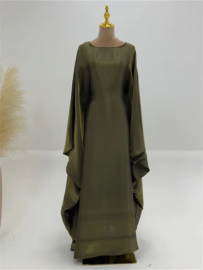 Autumn Loose Shiny Maxi Dress Women’s Butterfly Batwing Long Sleeve Muslim Clothes Party Dress Solid Female Long Dress New