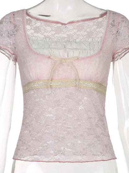 Voguable  Bow Patchwork Lace Crop Top Y2K Aesthetic T-shirt Short Sleeve Kawaii Clothes Lolita Style Cute Pullovers Fairycore Tee