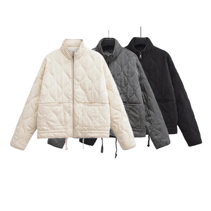 Winter New Women’s Clothing Style Commuting Leisure Warm Stand Collar Loose Pocket Diamond Grid Cotton Coat