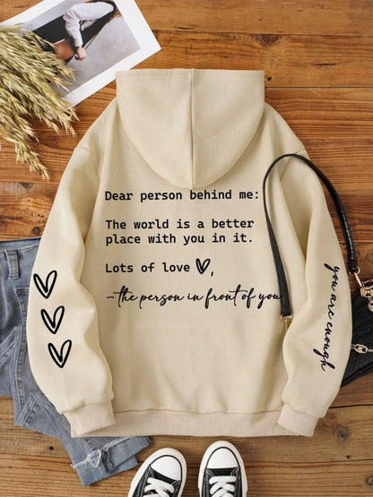 Dear Person Behind Me Letter Graphic Print Hoody Women’s Fashion Soft Sweatshirt Autumn Warm Fleece Hooded Casual Loose Tops