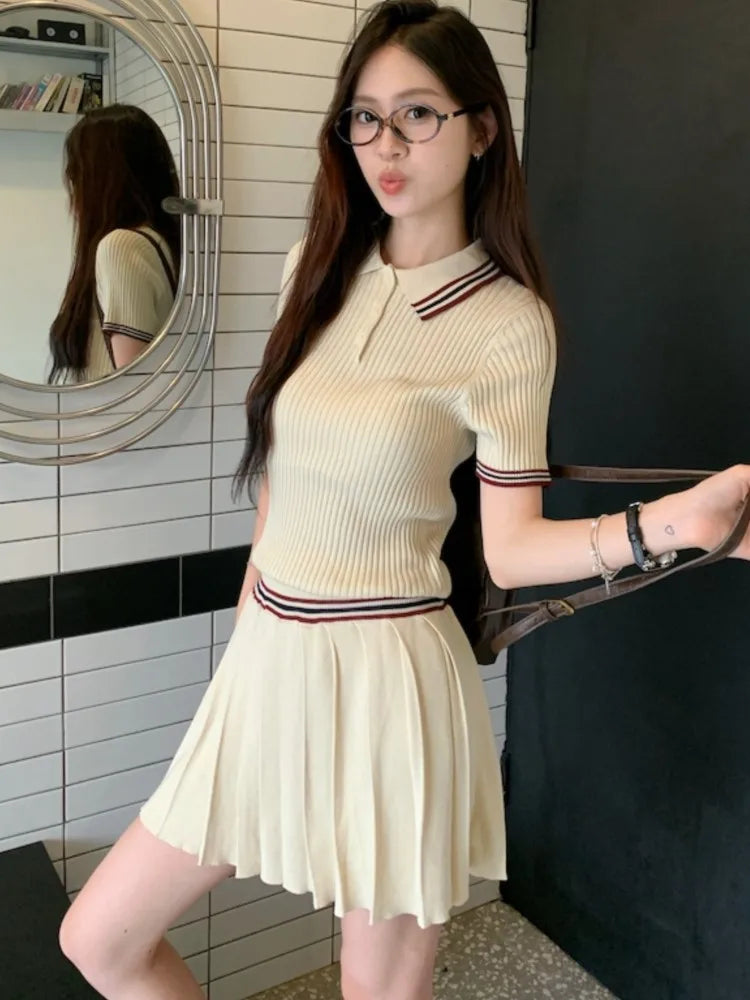 Autumn Knitted Two-piece Skirt Set Women Turn-down Collar Short Sleeve Top Pleated Mini Skirt Korean Fashion Knitting Outfits