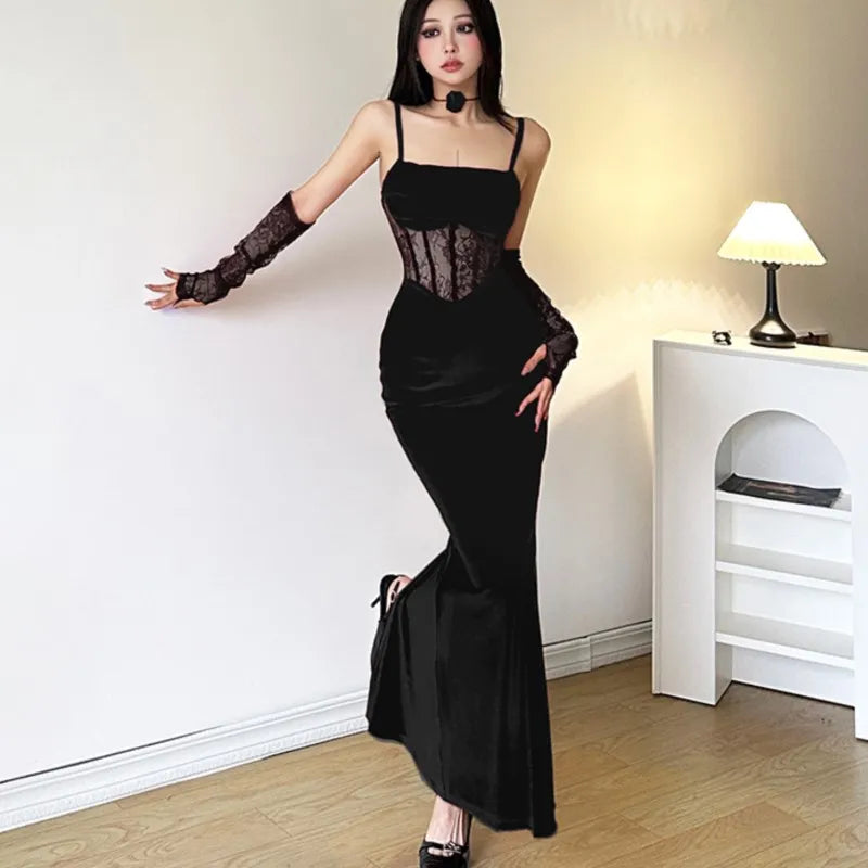 Sexy Bodycon Velvet Dresses for Women Spaghetti Strap Corset Slim Waist Slit Evening Party Dress Prom Robe Christmas Vestidos