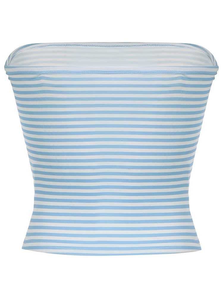 Sweetown Blue Stripe Basic Simple Sleeveless Crop Tops Women Strapless Tube Top Y2K Girl 2000s Summer Cute Streetwear Vest