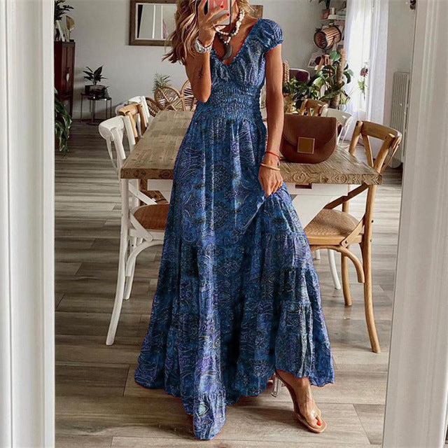 Bohemian Print Long Dresses Women V-neck Elastic Waist Short Sleeves Casual Vacation Style Dress Female Trendy Vintage Vestidos