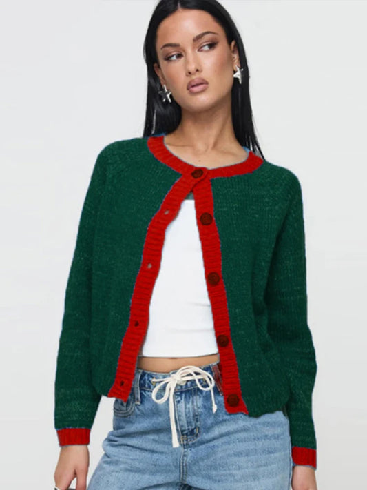 Casual Knitted Single-Breasted Cardigan Women Loose Contrast Color O-neck Pullover Sweaters Female Autumn Chic Street Tops