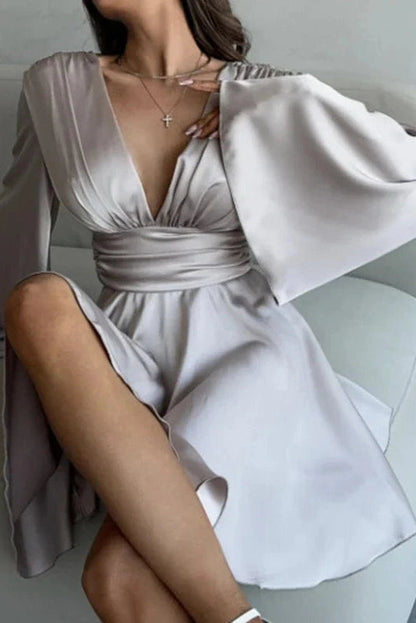 Deep V Neck High Waist Flare Sleeve Mini Dress