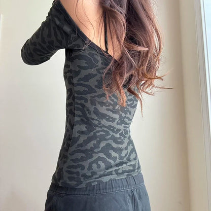 Vintage Animal Patterns Lace Strappy T-shirt Off Shoulder Sexy Fitted Cropped Top Y2K Long Sleeve Tee Street Outfits