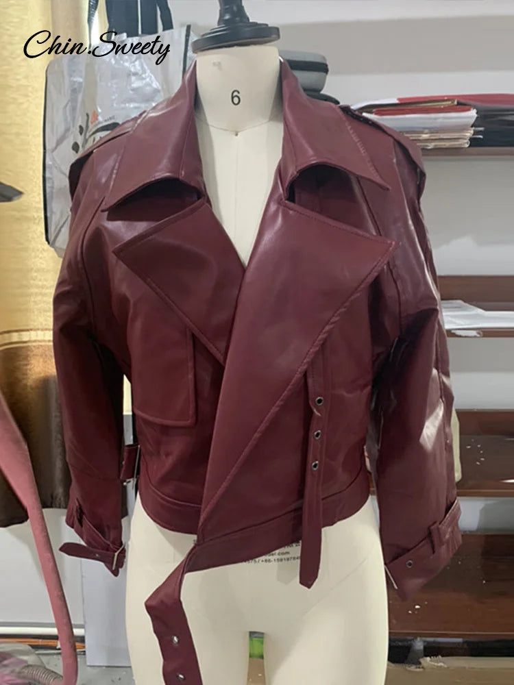 Casual Leather Short Leather Jacket With Belt Lapel Long Sleeved Cropped Coat  New Fashion Lady Street Party New Outwears _
