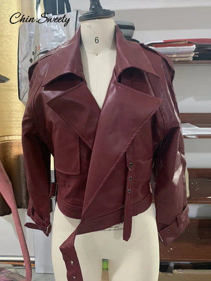 Casual Leather Short Leather Jacket With Belt Lapel Long Sleeved Cropped Coat  New Fashion Lady Street Party New Outwears _