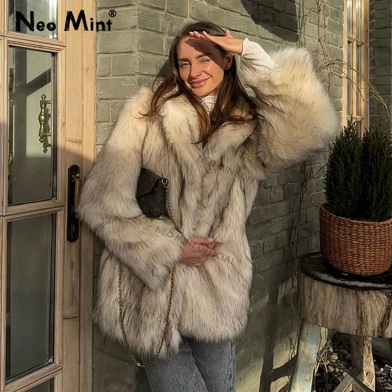 Luxury Brand Fluffy Faux Fur Jacket Women  Winter Long Thicken Warm Gradient Fox Fur Coat Streetwear Furry Overcoat