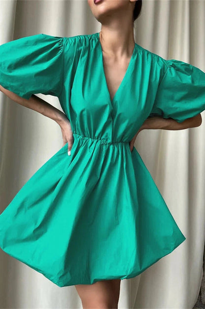 V-Neck High Waist Pleated Mini Dress with Short Sleeves