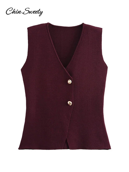 Fashion Single Breasted Knitted Vest Top Women Wine Red V-Neck Sleeveless Sweater Tank Female  Autumn Chic Lady Knitwear New