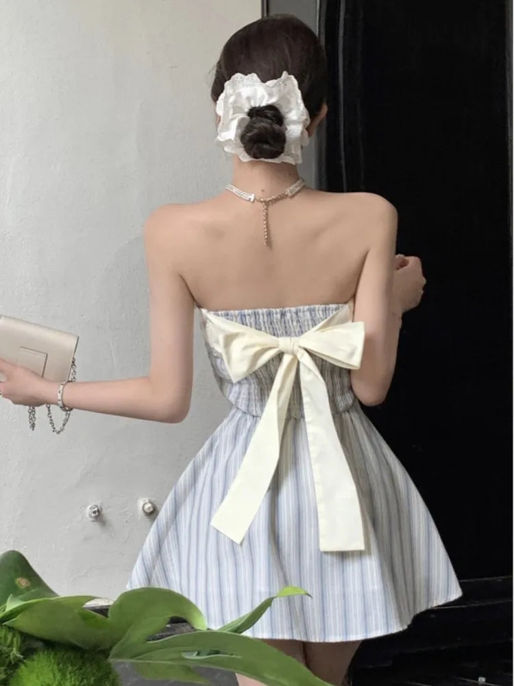 Elegant Y2K Strapless Mini Dresses for Women Bow Patchwork A-line Birthday Party Dress Korean Fashion Prom Short Vestidos Mujer