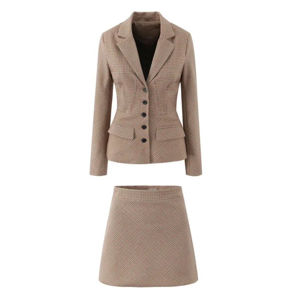 2 pieces 1 set Women Slim Boning Waist Removable Faux Fur Collar Houndstooth Plaid Blazer + High Waist A line Mini Skirt Suits