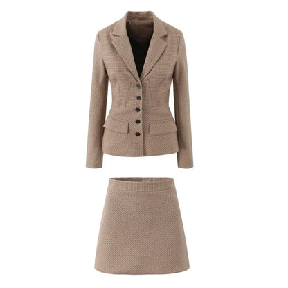 2 pieces 1 set Women Slim Boning Waist Removable Faux Fur Collar Houndstooth Plaid Blazer + High Waist A line Mini Skirt Suits