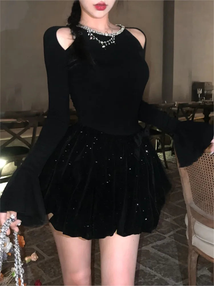 Autumn Winter Knitted Black Dresses for Women Long Sleeves High Waist A-line Birthday Party Dress Mini Vestidos Female Clothing