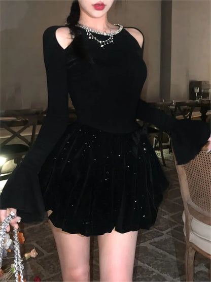 Autumn Winter Knitted Black Dresses for Women Long Sleeves High Waist A-line Birthday Party Dress Mini Vestidos Female Clothing