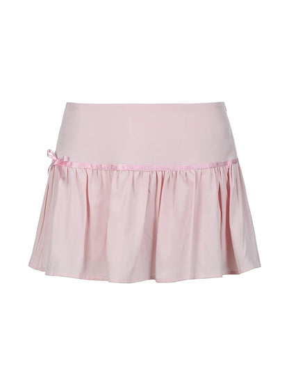 Sweet Y2K Kawaii Pink Bow Pleated Mini Lining Shorts Skirt Women Korean Cute 2000s Clothing