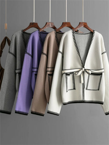 Knit Contrast Cardigan Sweater For Women Lace-Up Pocket Long Sleeve Patchwork Loose Coat Autumn Knitwear Women&#8217;s Outwear