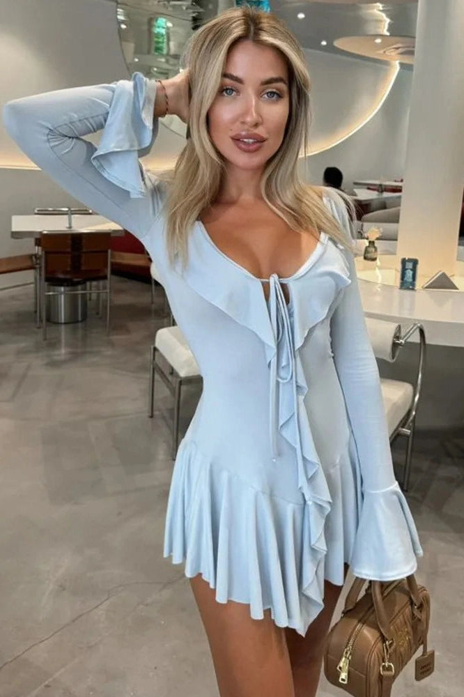 Elegant Lace Up Bodycon Mini Dress with Long Sleeves