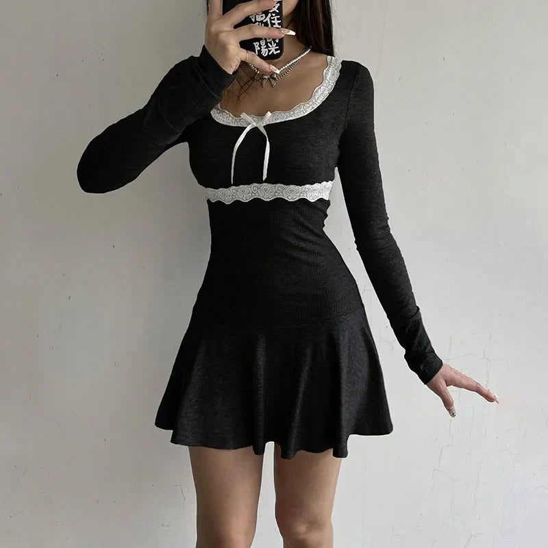Voguable Lace Patchwork Knitted Mini Dresses Y2K Sweet Bow Bodycon Long Sleeve Pleated Dress Casual Korean Style
