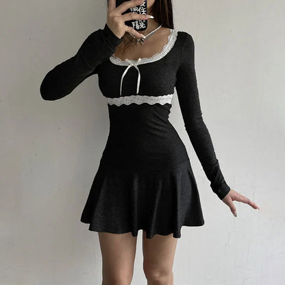 Voguable Lace Patchwork Knitted Mini Dresses Y2K Sweet Bow Bodycon Long Sleeve Pleated Dress Casual Korean Style