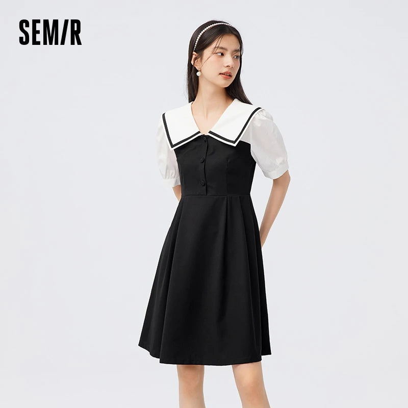 Dress Lapel College Style Short Skirt Playful Sweet Autumn Easy-to-Care Patchwork Little Black Dress