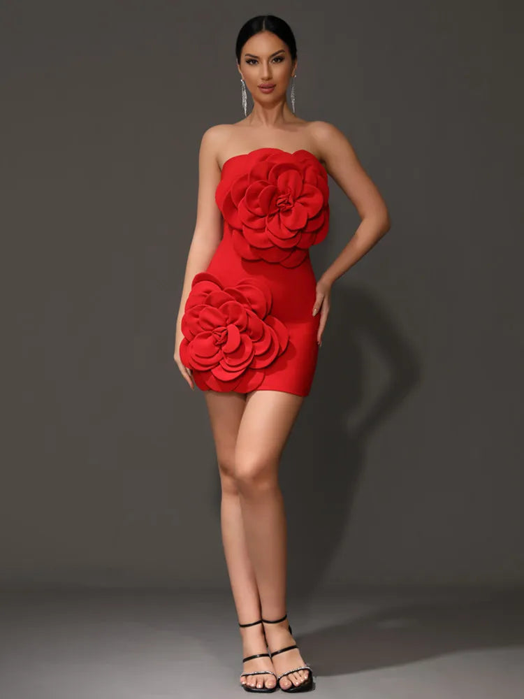 Orenda Strapless Dress with Red Flower Applique