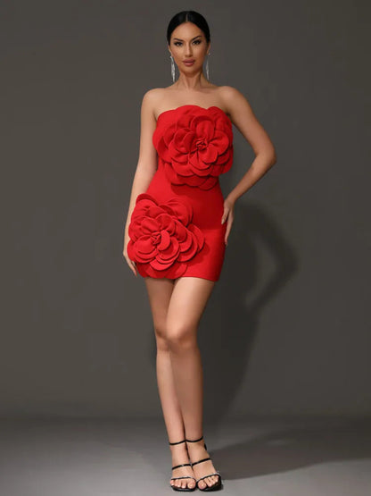 Orenda Strapless Dress with Red Flower Applique
