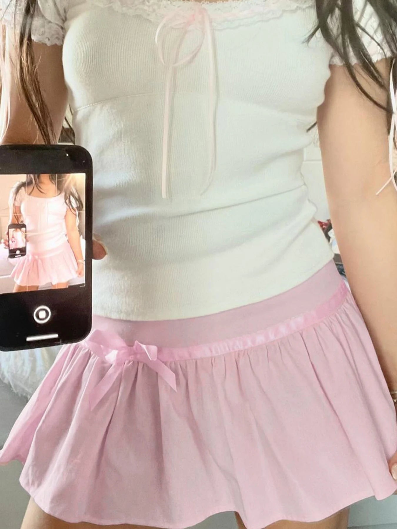 Sweet Y2K Kawaii Pink Bow Pleated Mini Lining Shorts Skirt Women Korean Cute 2000s Clothing