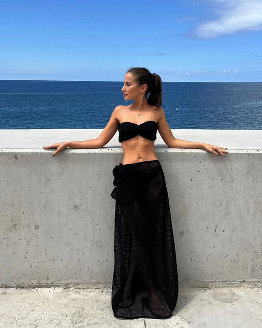 Lace Solid Bikini With Strappy Skirt Three Piece Set