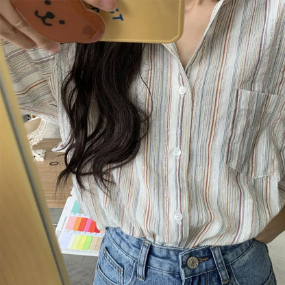 Y2k Lazy Casual Retro Pinstripe Shirt Comfortable Tops Stand Collar Loose Lazy Breathable Sunscreen Clothes