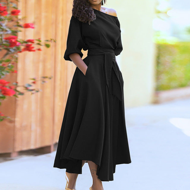 Temperament Simple Style Solid Color Dresses Women Fashion Half Sleeves Slant Collar Leace-up Irregular Dress Female New Vestido