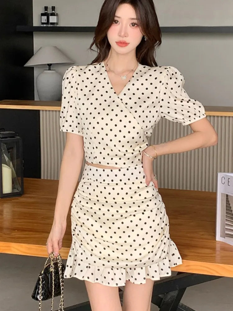 New Summer Two-piece Skirt Set Women Elegant Polka Dot V-neck Cropped Top Bodycon Short Skirt Y2K Sexy Korean Fashion Outfits